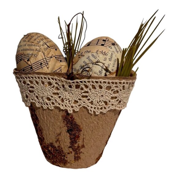 Hand Crafted Other - Shabby Chic Seed Starter Basket with Découpaged Vintage Newsprint Eggs & Moss 4"